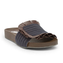 Load image into Gallery viewer, Welcome to the cosy life! Nautical sliders from our 'Pleats Please' Collection. Featuring a padded lining and super comfy rubber sole. Colour: Navy Stripe Print with a brown faux leather pleated piping.