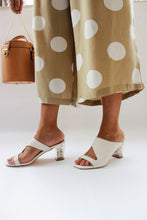 Load image into Gallery viewer, Our new creative transparent heels with pearls and silver beads inside, to make your outfit stand out! Handcrafted with royale white faux leather and 3-inch see-through block heel.