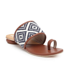 Load image into Gallery viewer, Presenting our newest sandals for when you want them Indian vibes! Blue woven fabric upper with tan faux leather piping detailing with coupled with a classic disk heel. Slip-on style featuring a state-of-the-art sole. Shoe Care: Wipe with a clean, dry cloth to remove dust.