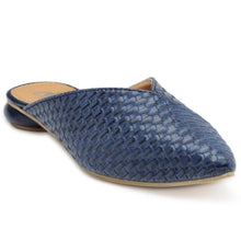 Load image into Gallery viewer, Pointy Toe Sliders. With weaved upper in blue faux leather featuring a Disk Heel. Slip-on style with a state-of-the-art sole.