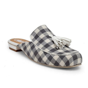 Loafer style slider in our classic "Carly" shape. Round toe upper in grey and white checks with a white tassle detailing. Featuring a funky heel. Slip-on style made with a state-of-the-art sole.