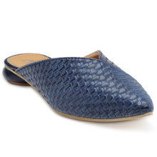 Load image into Gallery viewer, Pointy Toe Sliders. With weaved upper in blue faux leather featuring a Disk Heel. Slip-on style with a state-of-the-art sole.
